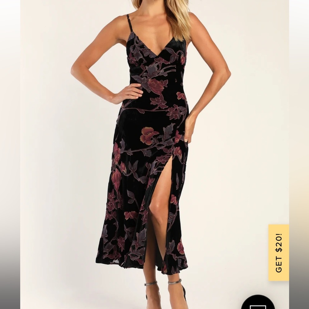 NWT Divine Allure Black Floral Burnout Velvet Midi Dress
